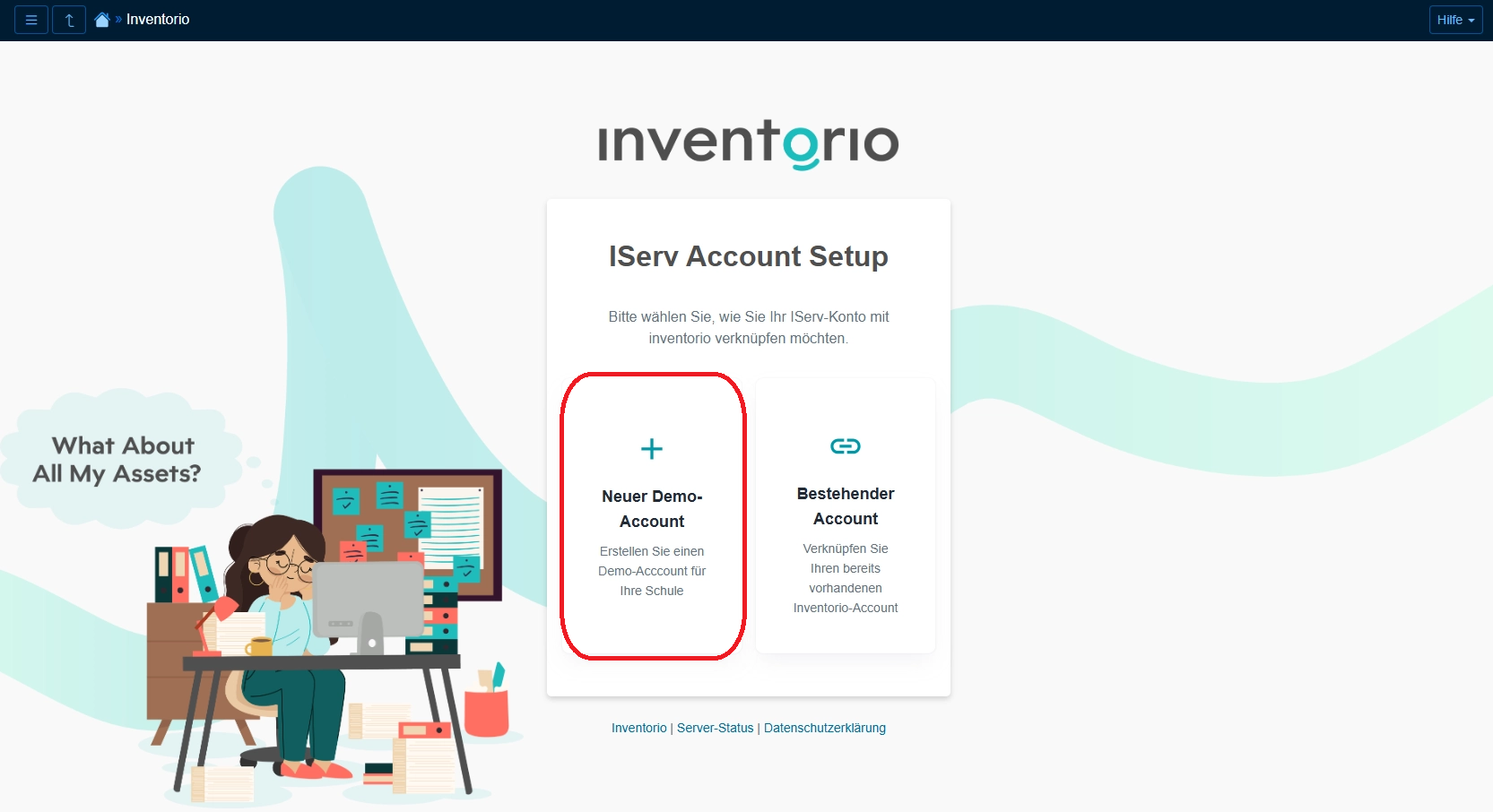 IServ-Zusatzmodul inventorio: Beim Account-Setup wird »Neuer Demo-Account« ausgewählt.