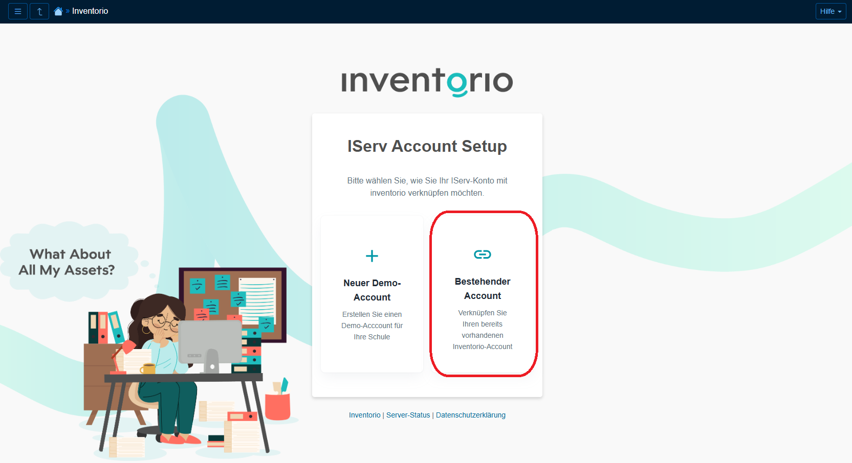 IServ-Zusatzmodul inventorio: Beim Account-Setup wird »Bestehender Account« ausgewählt.