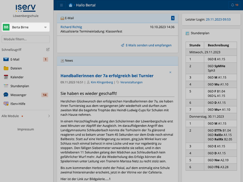 Startseite der IServ Schulplattform