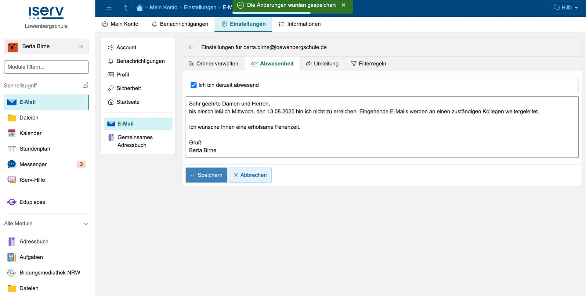 8. Schreiben Sie Ihre Abwesenheitsnotiz in das dafür vorgesehenen Textfeld. Diese Nachricht wird automatisch als Antwort auf eintreffenden E-Mails versendet.